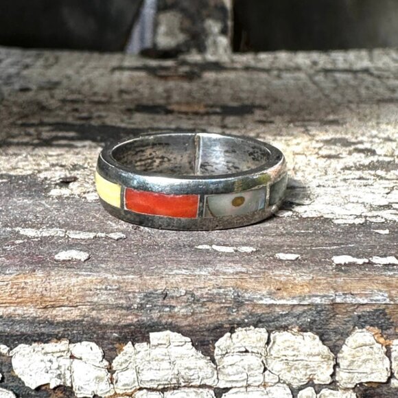 Vintage Southwestern Sterling Silver Channel Inlay Band Ring Size 7 - Picture 1 of 7